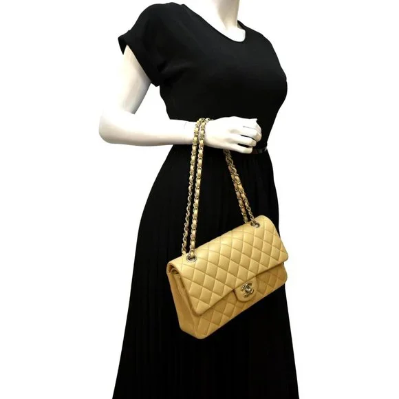 CHANEL  Classic Medium Double Flap Quilted Leather Shoulder Bag Beige - Picture 2 of 13